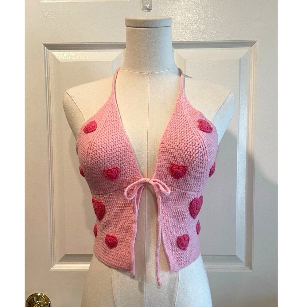 Cider Pink Heart Knit Halter Crop Cami Top Size XS Y2K